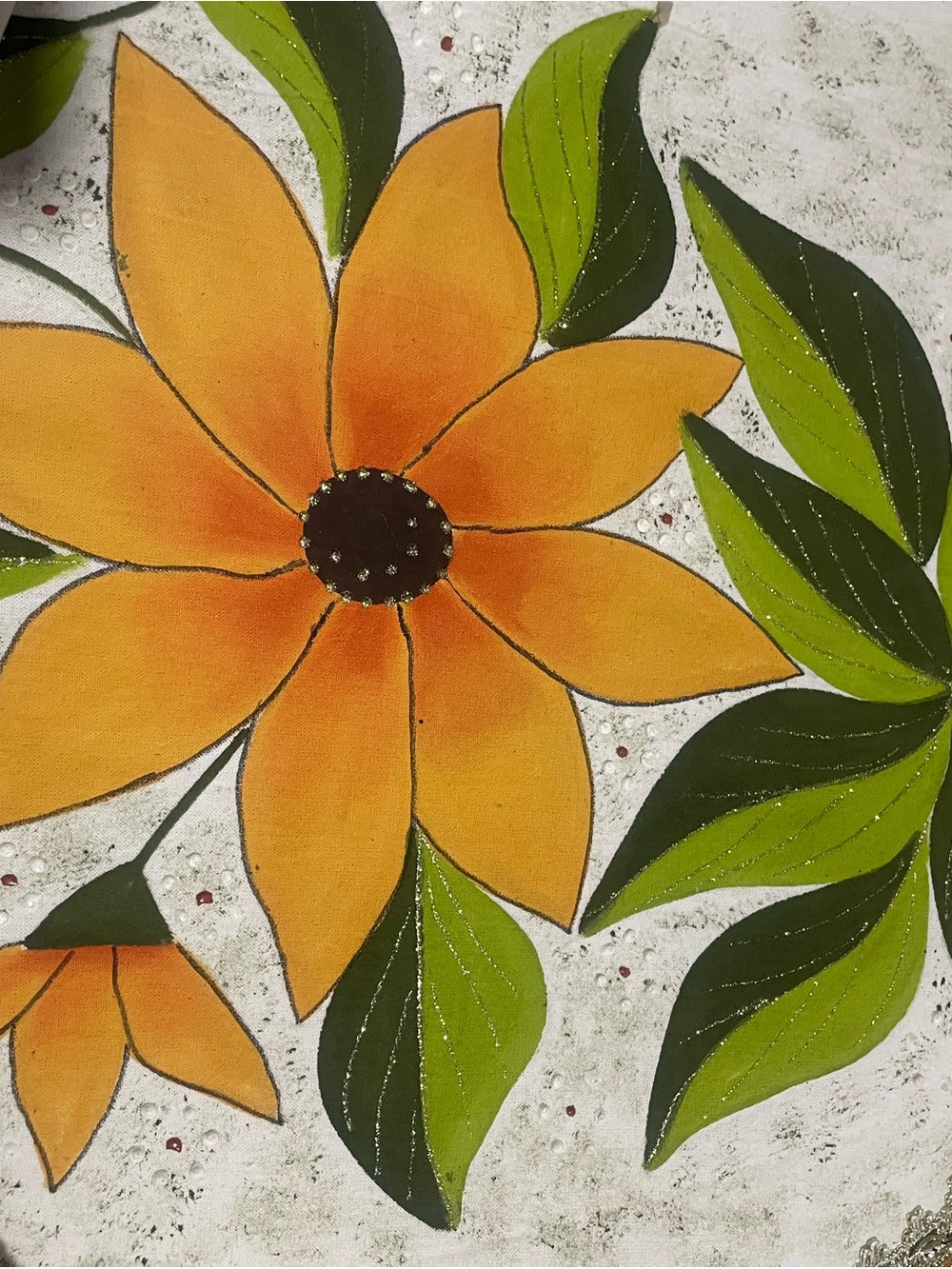 Hand-Painted Orange Floral Wall Art Canvas with Green Leaves